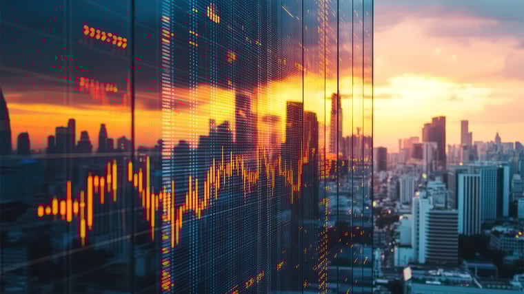City skyline with stock market graph reflected on building at sunset