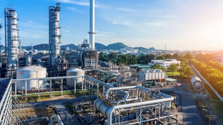 Aerial view of smart chemical oil refinery plant, power plant on blue sky background , Gas Oil depot, Crude Oil Refinery Plant Steel Pipe line and Chimney Cooling tower, Chemical or Petrochemical