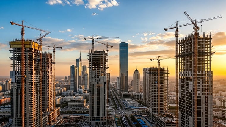 Panoramic view of city construction site with cranes building new skyscrapers at sunset urban development real estate investment architecture growth industry 