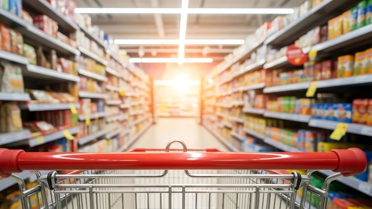 Close up shopping basket and fresh products on cashier desk in supermarket 
