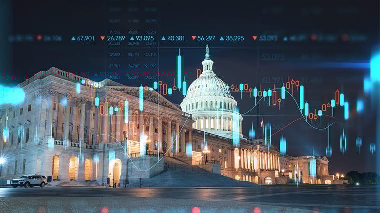 Front view, Capitol dome building at night, Washington DC, USA. Illuminated Home of Congress and Capitol Hill. Forex graph hologram. The concept of internet trading, brokerage and fundamental analysis