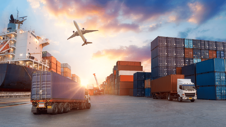 planes, trucks, an ocean liner, a busy port full of shipping containers
